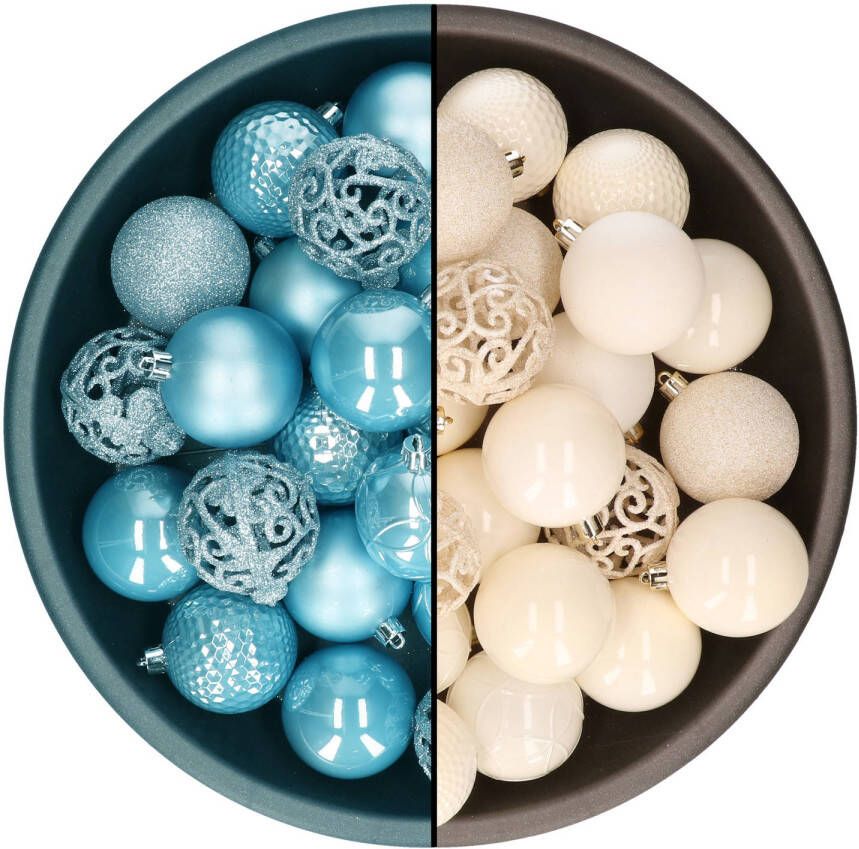 Decoris kerstballen 74x st wol wit en ijsblauw 6 cm kunststof Kerstbal