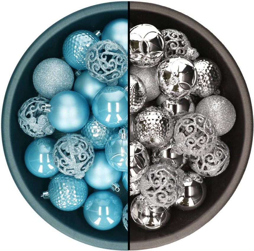 Decoris kerstballen 74x st zilver en ijsblauw 6 cm kunststof Kerstbal