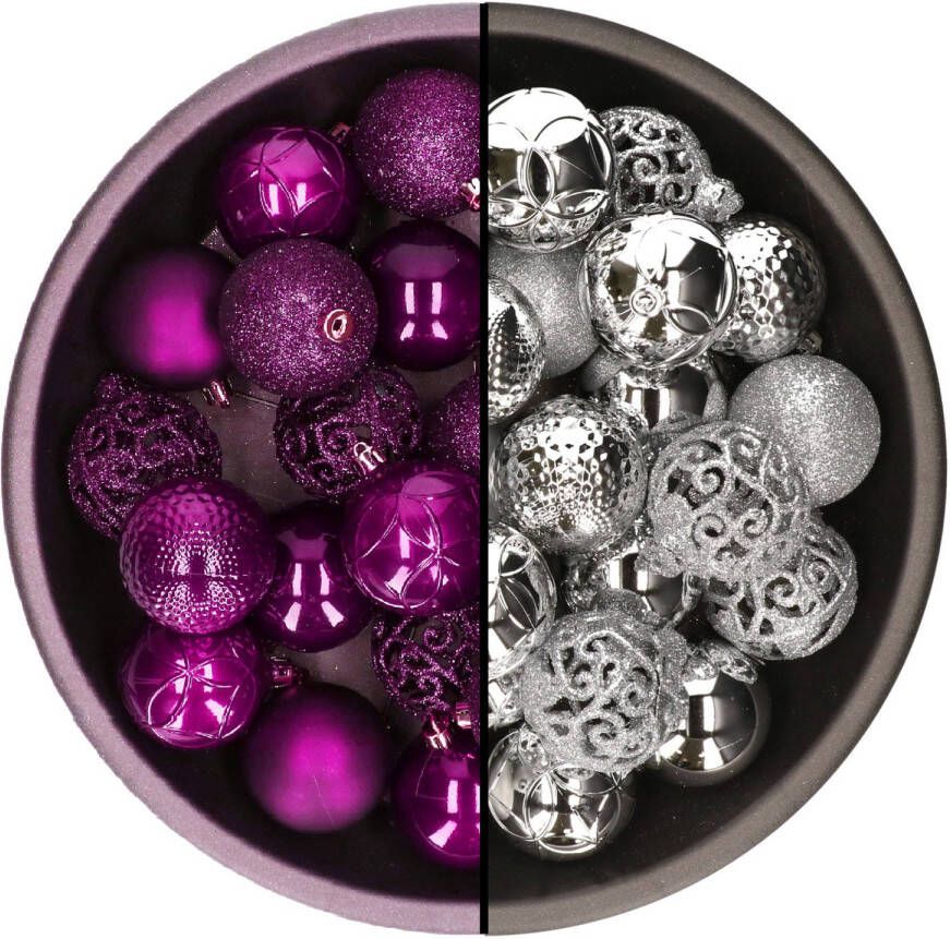 Decoris kerstballen 74x st zilver en paars 6 cm kunststof Kerstbal