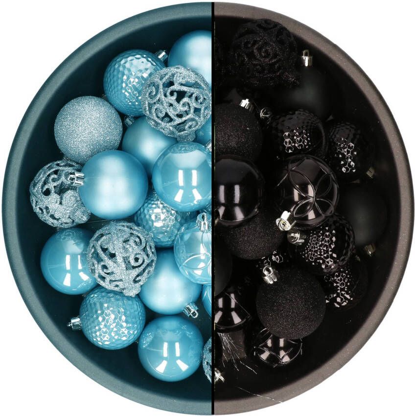Decoris kerstballen 74x st zwart en ijsblauw 6 cm kunststof Kerstbal