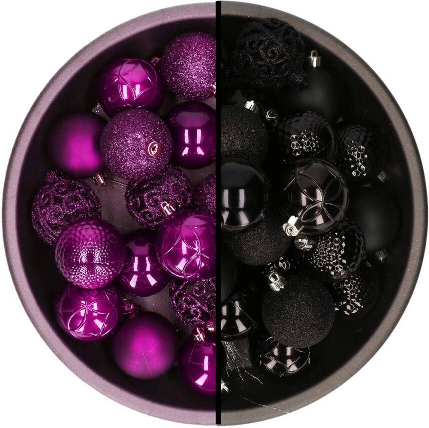 Decoris kerstballen 74x st zwart en paars 6 cm kunststof Kerstbal