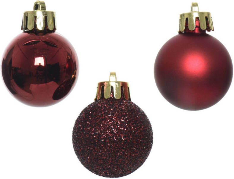 Decoris Kerstballen donkerrood 14ST kunststof 3 cm glans mat glitter Kerstbal