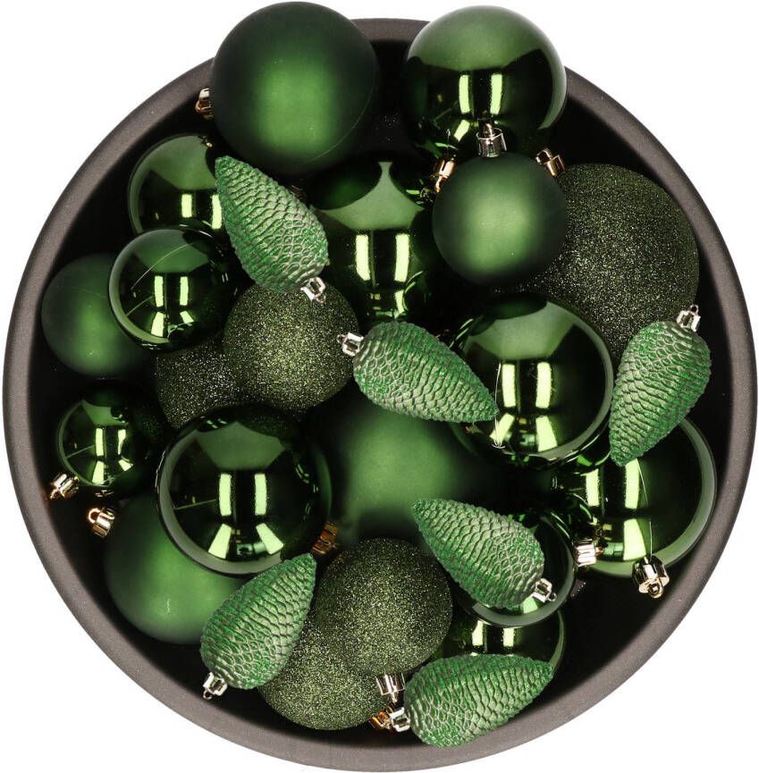 Decoris Kerstballen en dennenappels ornamenten 32x st donkergroen kunststof Kerstbal