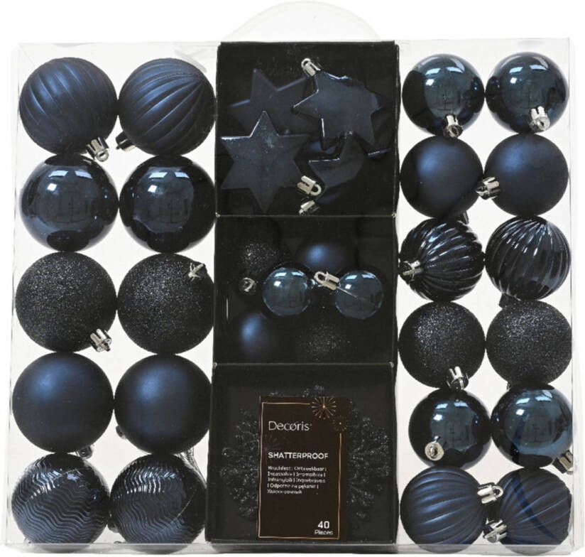 Decoris kerstballen en kersthangers 40x kunststof donkerblauw mix Kerstbal