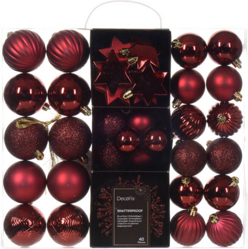 Decoris kerstballen en kersthangers 40x kunststof donkerrood mix Kerstbal