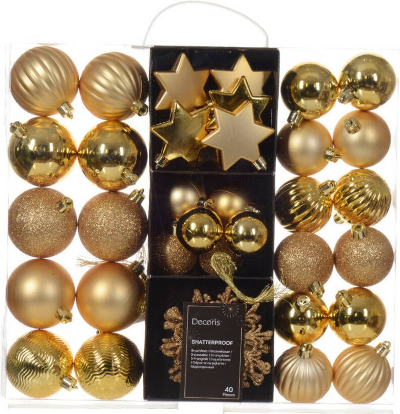 Decoris kerstballen en kersthangers 40x kunststof goud mix Kerstbal