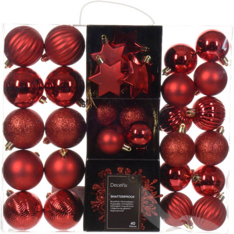 Decoris kerstballen en kersthangers 40x kunststof rood mix Kerstbal