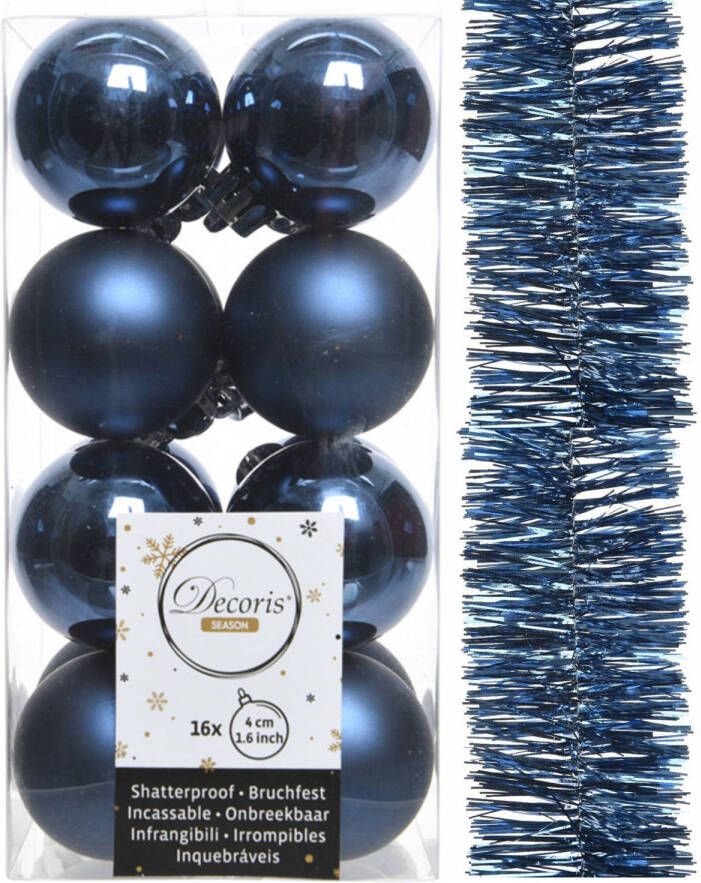 Decoris kerstballen en kerstslinger 17x stuks donkerblauw kunststof Kerstbal