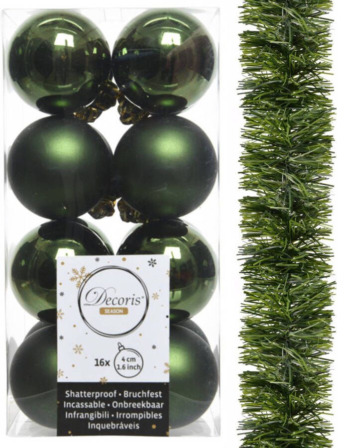 Decoris kerstballen en kerstslinger 17x stuks donkergroen kunststof Kerstbal