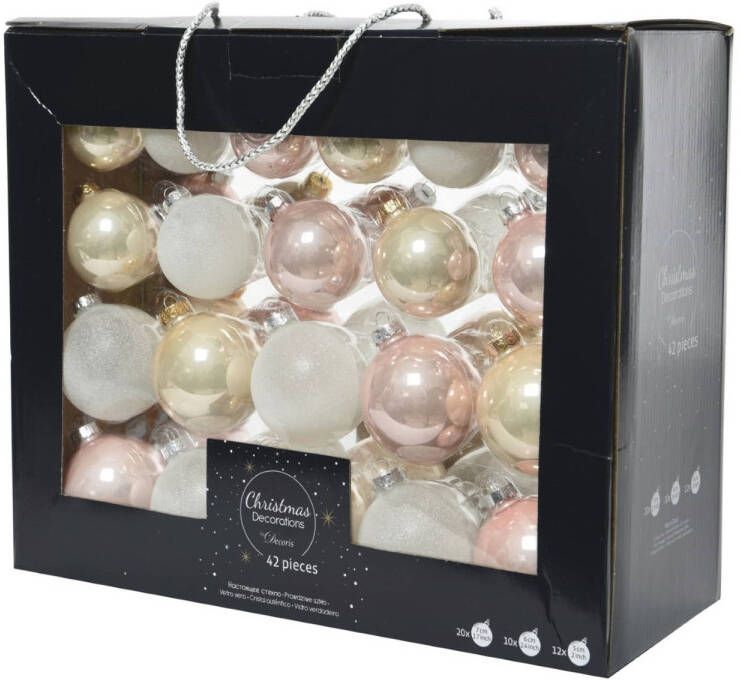 Decoris 42x stuks glazen kerstballen lichtroze (blush) parel wit 5-6-7 cm Kerstbal
