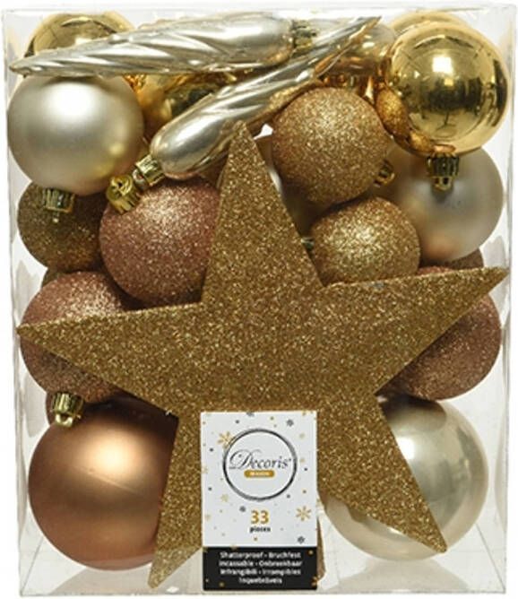 Decoris 33x stuks kunststof kerstballen met ster piek goud parel camel bruin Kerstbal