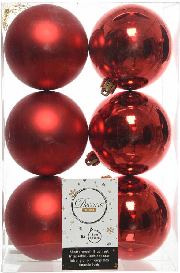Decoris 6x Kunststof kerstballen glanzend mat kerst rood 8 cm kerstboom versiering decoratie kerst rood Kerstbal