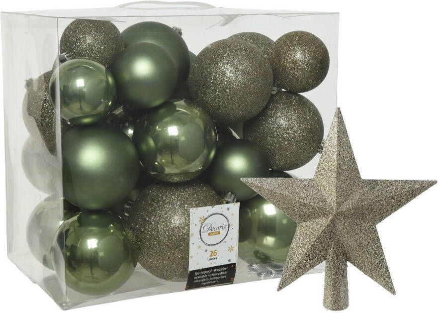 Decoris Kerstballen set 26x stuks kerstballen en ster piek mos groen kunststof Kerstbal