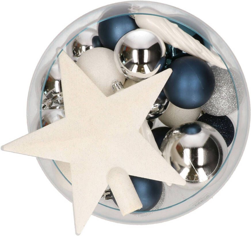 Decoris pakket 33x stuks kunststof kerstballen met ster piek blauw wit zilver Kerstbal