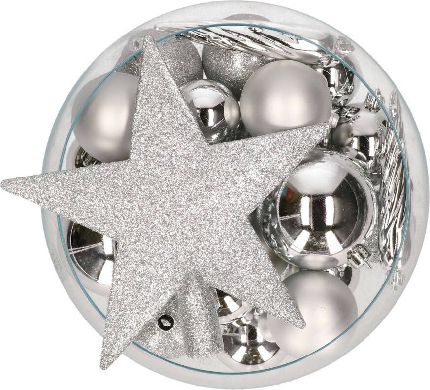 Decoris pakket 33x stuks kunststof kerstballen met ster piek zilver Kerstbal