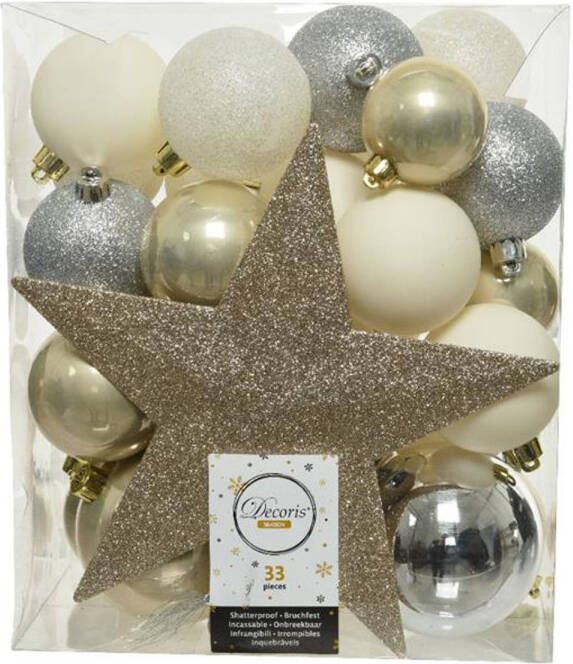 Decoris kerstballen 33x st incl. ster piek champagne zilver wit kunststof Kerstbal