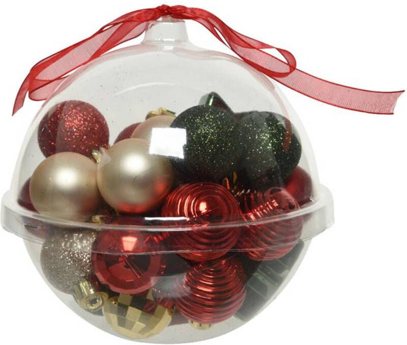 Decoris 30x stuks kleine kunststof kerstballen rood donkergroen champagne 3 cm Kerstbal