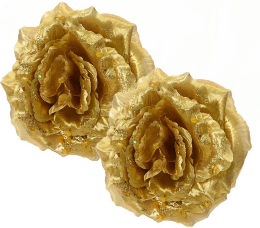 Decoris Kerstboom bloemen 2x st goud 14 cm op clip Kersthangers