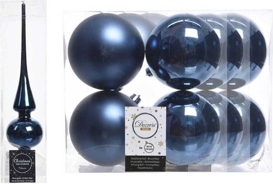 Decoris Blauwe kerstversiering kerstdecoratie set piek en 12x kerstballen 10 cm glans mat Kerstbal