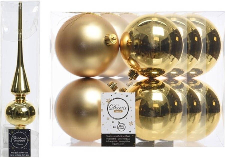 Decoris Gouden kerstversiering kerstdecoratie set piek en 12x kerstballen 10 cm glans mat Kerstbal