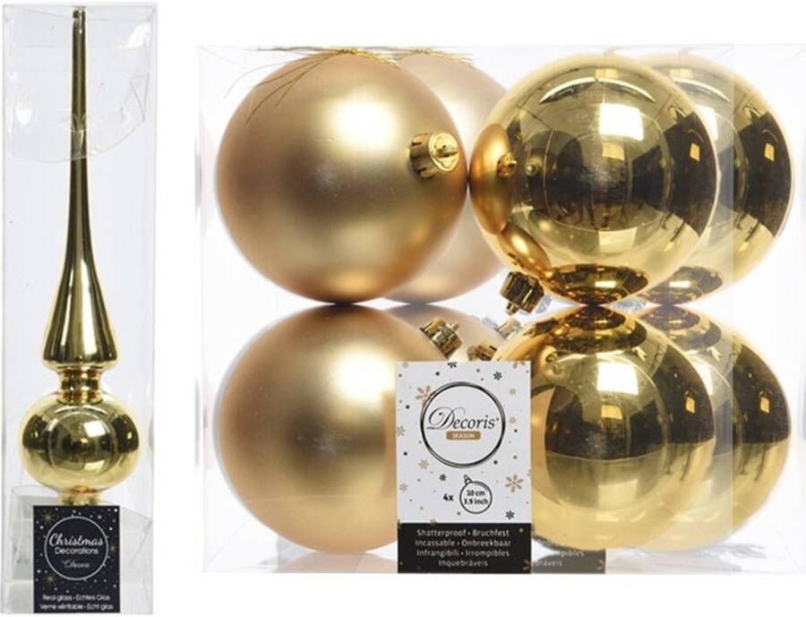 Decoris Gouden kerstversiering kerstdecoratie set piek en 8x kerstballen 10 cm glans mat Kerstbal