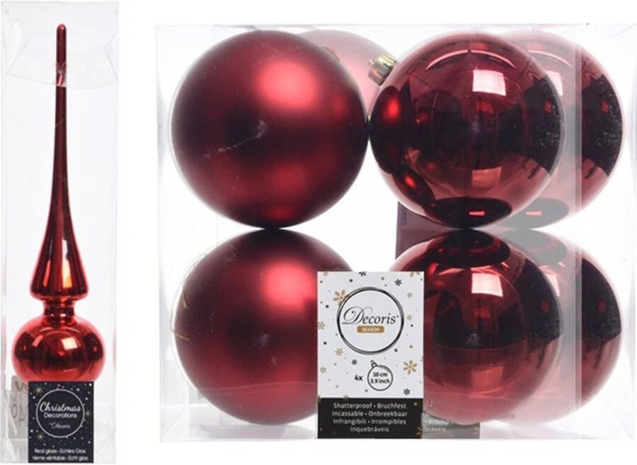 Decoris Rode kerstversiering kerstdecoratie set piek en 8x kerstballen 10 cm glans mat Kerstbal