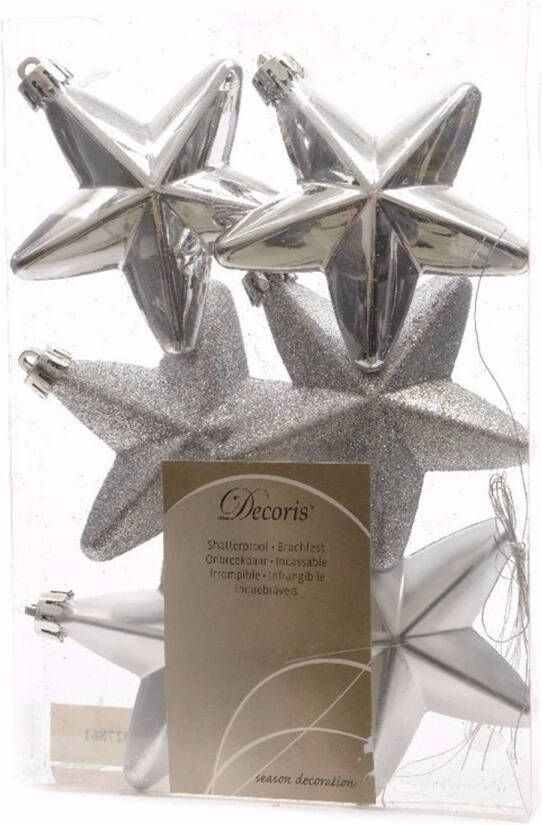 Decoris Kerstboom decoratie sterren zilver 6 stuks Christmas Silver 7 cm Kersthangers