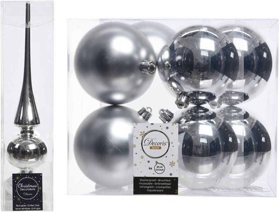 Decoris Zilveren kerstversiering kerstdecoratie set piek en 8x kerstballen 10 cm glans mat Kerstbal