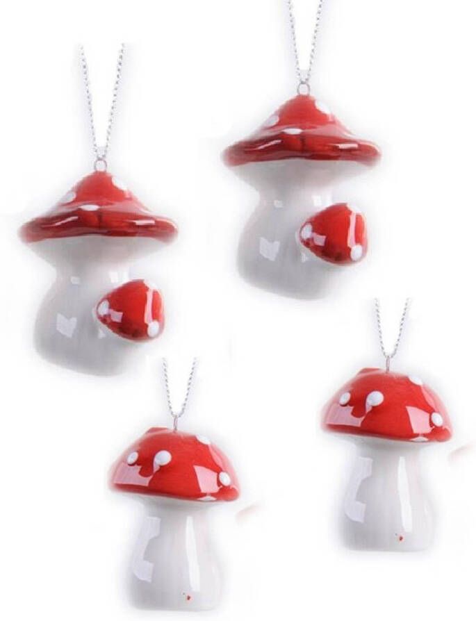 Decoris Kerstboom hangers set van 8x stuks paddenstoelen rood 4.5 x 4.5 cm Kersthangers