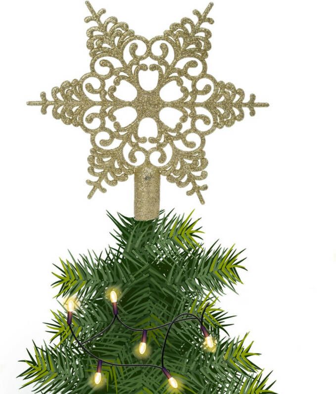 Decoris Kerstboom piek open kunststof kerst ster goud met glitters H19 cm kerstboompieken
