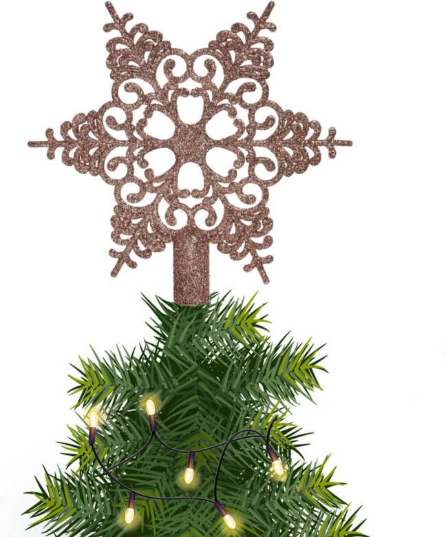 Decoris Kerstboom piek open kunststof kerst ster lichtroze met glitters H19 cm kerstboompieken