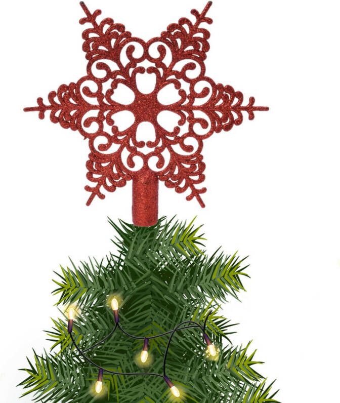 Decoris Kerstboom piek open kunststof kerst ster rood met glitters H19 cm kerstboompieken