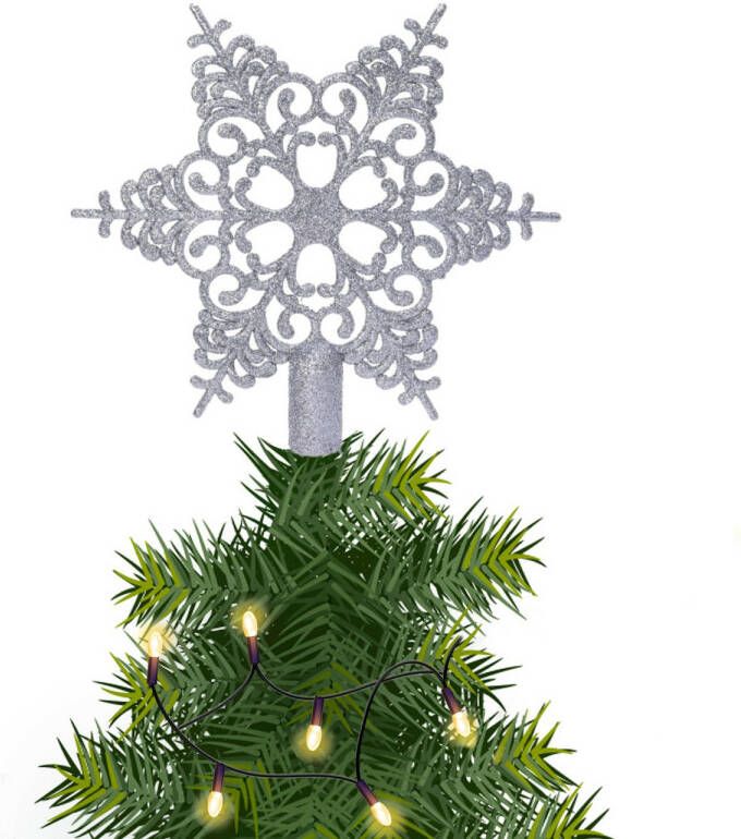 Decoris Kerstboom piek open kunststof kerst ster zilver met glitters H19 cm kerstboompieken