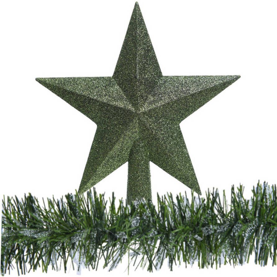 Decoris Kerstboom piek ster donkergroen 19 cm -met kerstslinger -kunststof Kerstbal