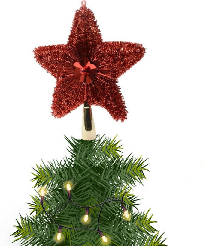 Decoris Kerstboom piek topper ster rood met glitters 23 cm kerstboompieken