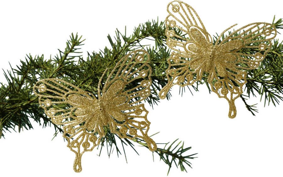 Decoris kerstboom vlinders op clip 2x stuks -goud 13 cm glitter Kersthangers