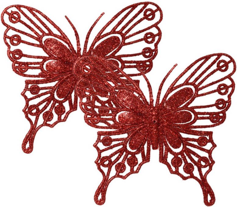 Decoris kerstboom vlinders op clip 2x stuks -rood 13 cm glitter Kersthangers