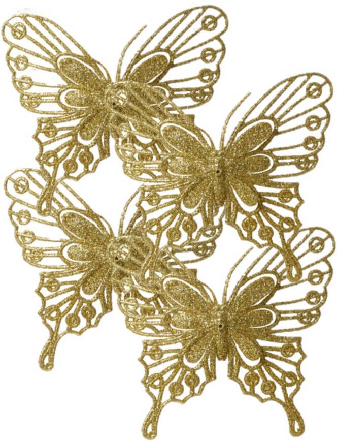 Decoris kerstboom vlinders op clip 4x stuks -goud 13 cm glitter Kersthangers