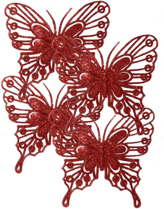 Decoris kerstboom vlinders op clip 4x stuks -rood 13 cm glitter Kersthangers