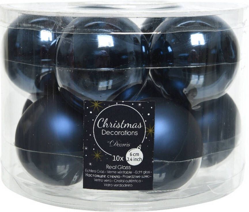 Decoris Kerstboomversiering donkerblauwe kerstballen van glas 6 cm 10 stuks Kerstbal