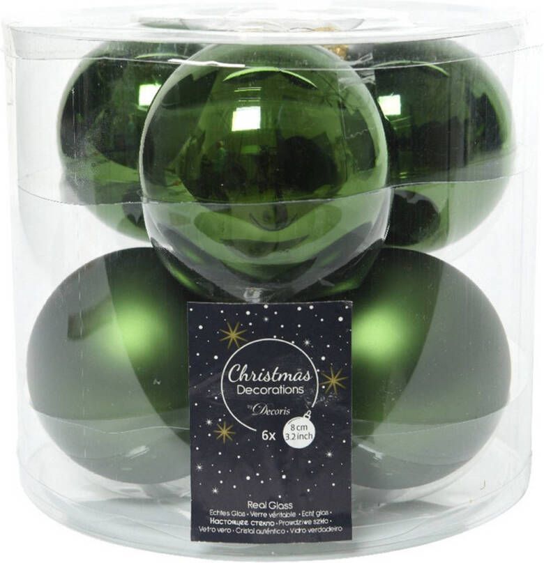 Decoris Kerstboomversiering donkergroene kerstballen van glas 8 cm 6 stuks Kerstbal