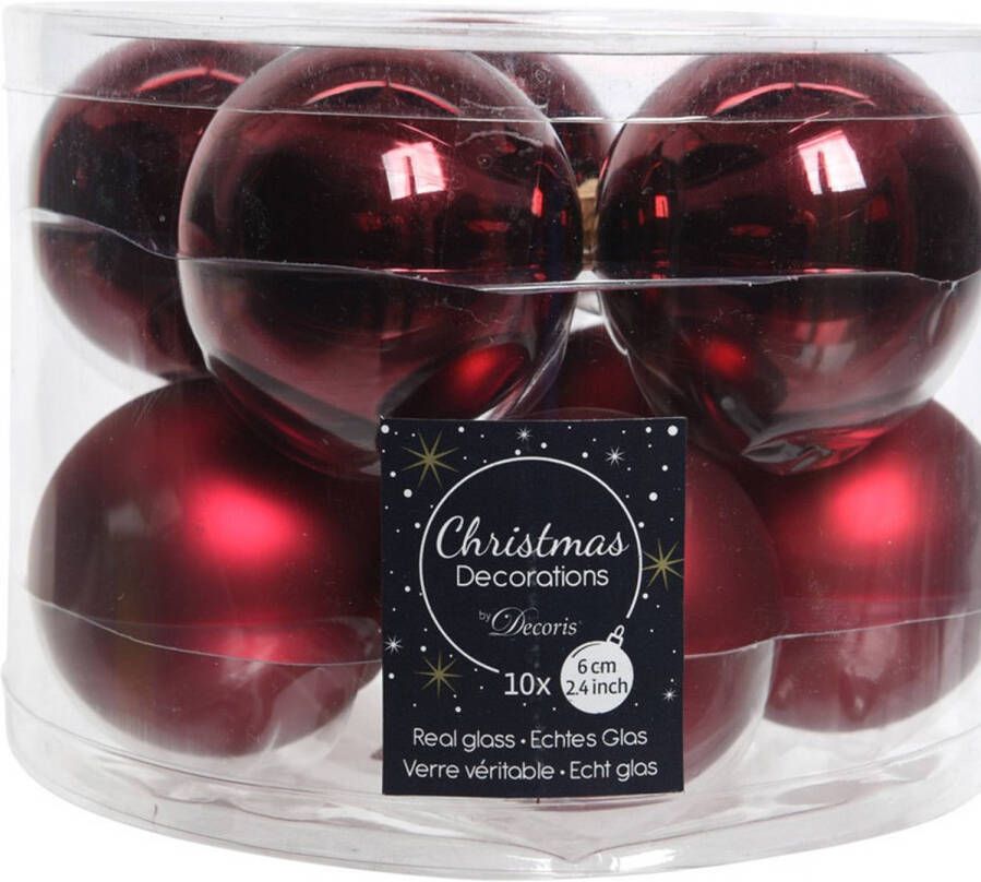 Decoris Kerstboomversiering donkerrode kerstballen van glas 6 cm 10 stuks Kerstbal
