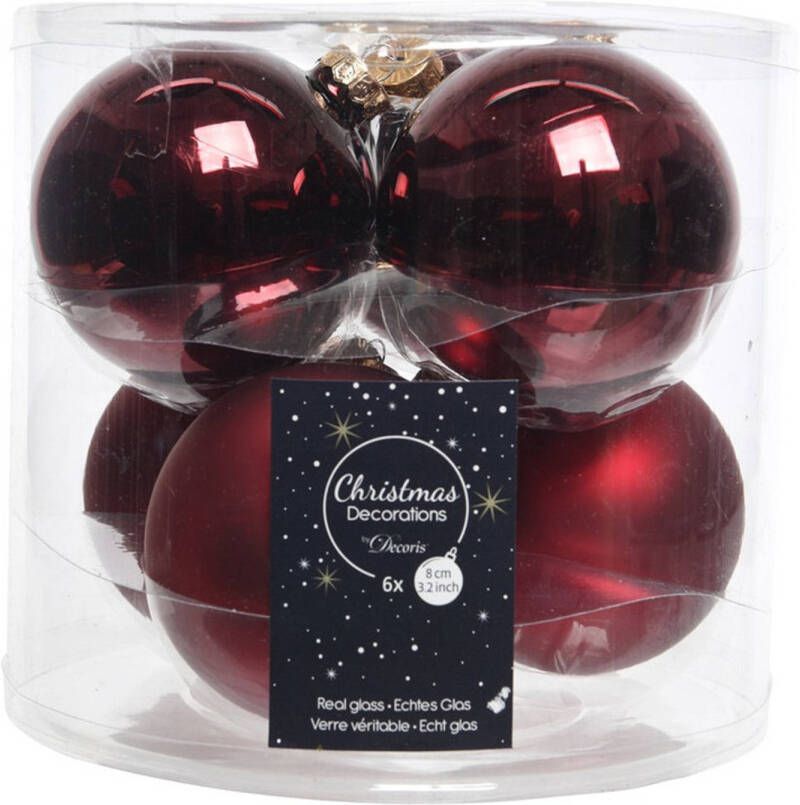 Decoris Kerstboomversiering donkerrode kerstballen van glas 8 cm 6 stuks Kerstbal