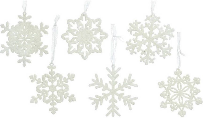 Decoris Kerstboomversiering kersthangers 6x witte sneeuwvlokken 10 cm Kersthangers