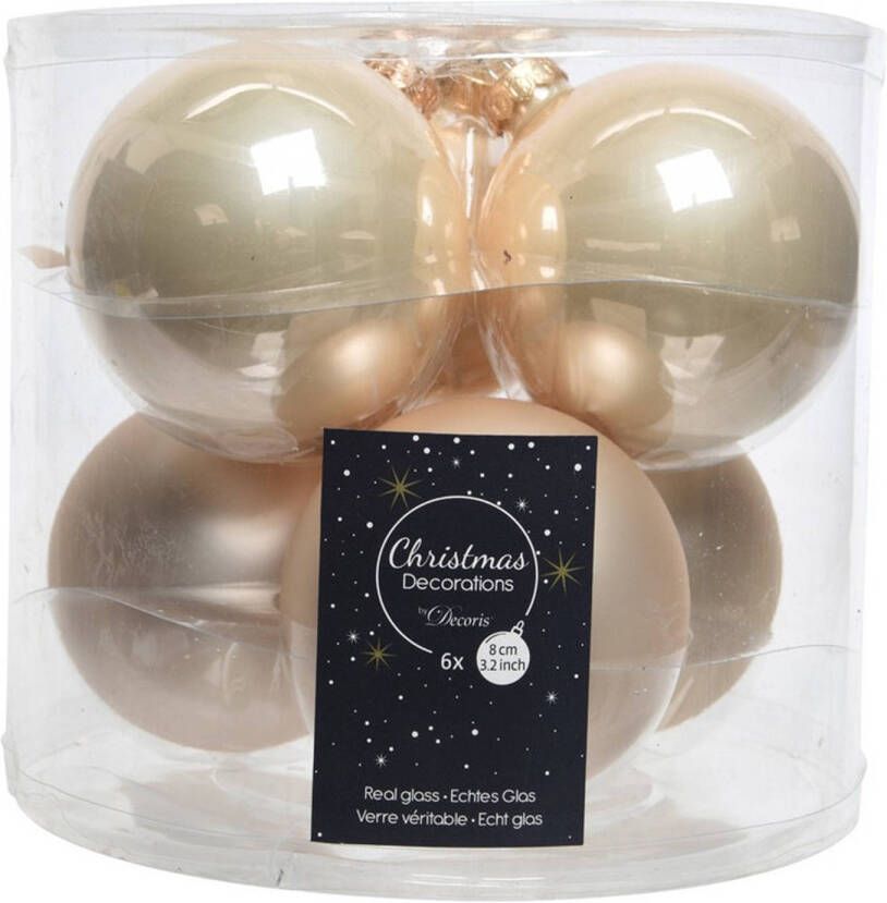 Decoris Kerstboomversiering licht parel champagne kerstballen van glas 8 cm 6 stuks Kerstbal