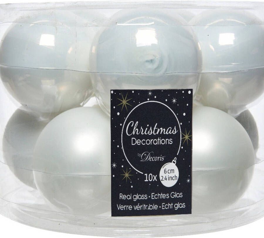 Decoris Kerstboomversiering winter witte kerstballen van glas 6 cm 10 stuks Kerstbal