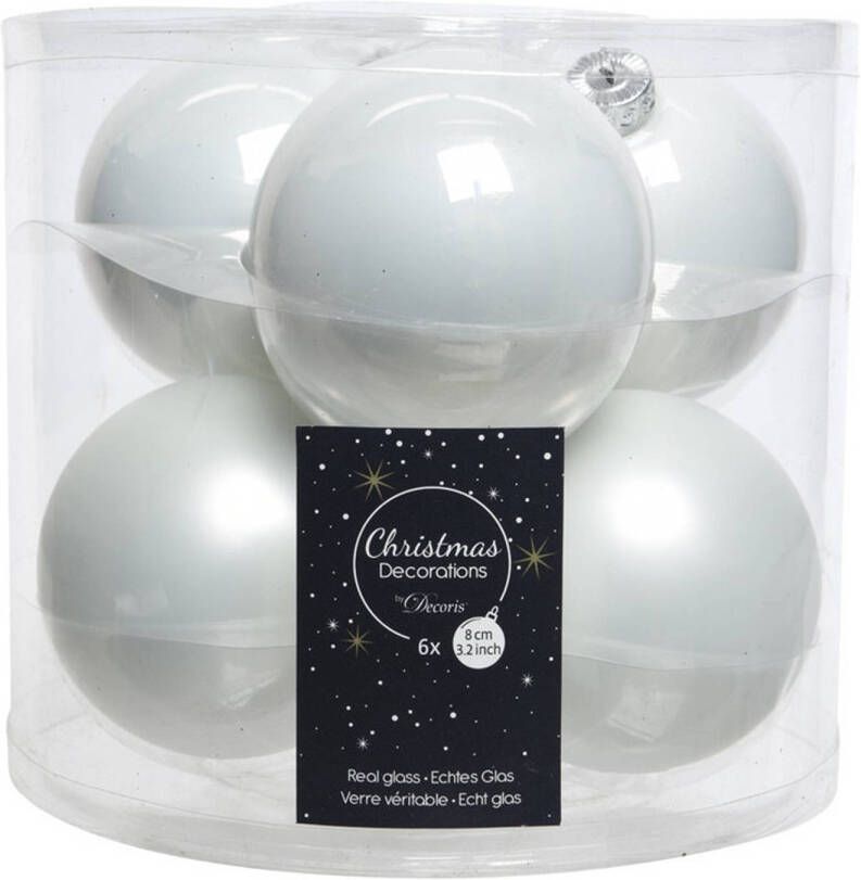 Decoris Kerstboomversiering winter witte kerstballen van glas 8 cm 6 stuks Kerstbal