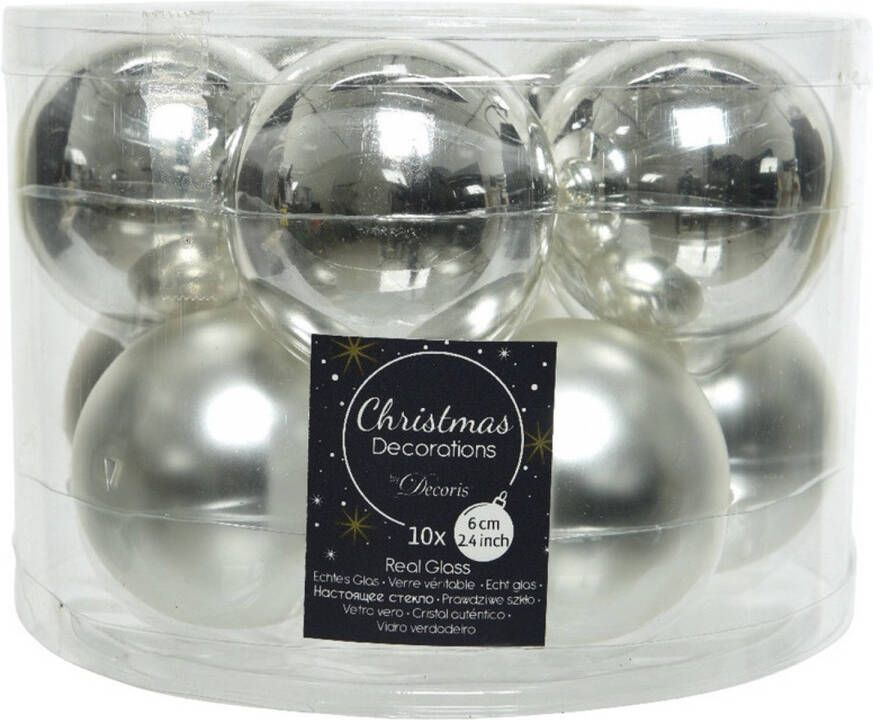 Decoris Kerstboomversiering zilveren kerstballen van glas 6 cm 10 stuks Kerstbal