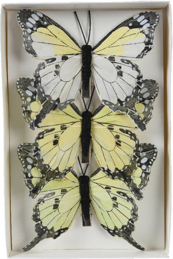 Decoris Kerstdecoratie vlinders op clip 3x lichtgeel 12 x 8 cm Kersthangers