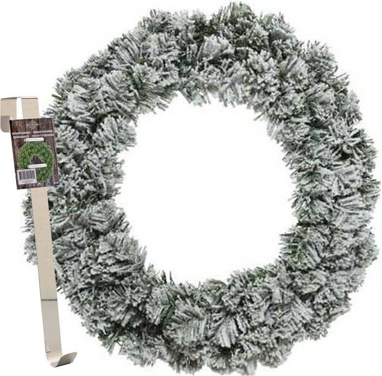 Decoris Kerstkrans 40 cm groen besneeuwd met messing hanger ophanghaak Kerstkransen